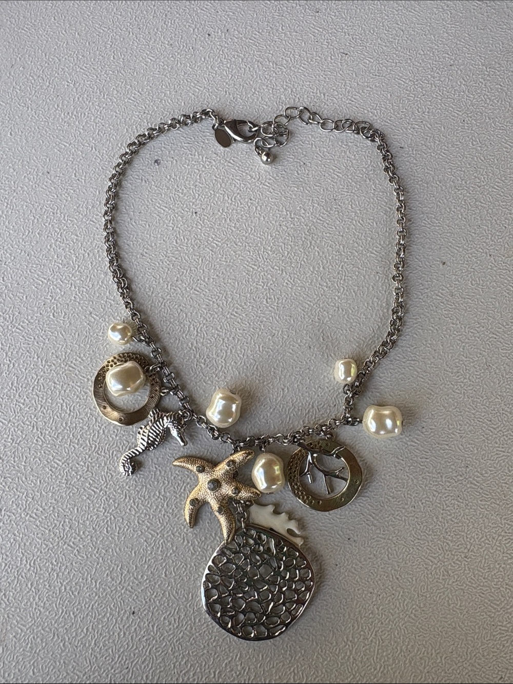 Chico's Silver-Tone Nautical Charm Necklace with Cream Pearls